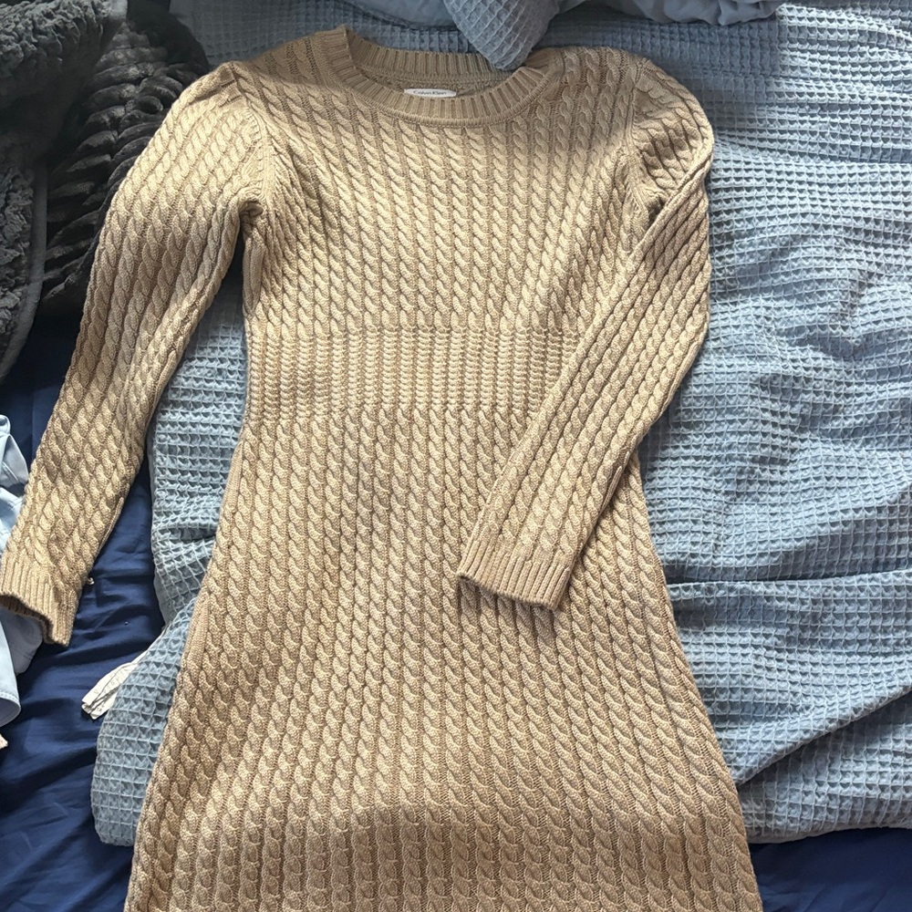 Calvin Klein Tan Long Sleeve Knit Dress